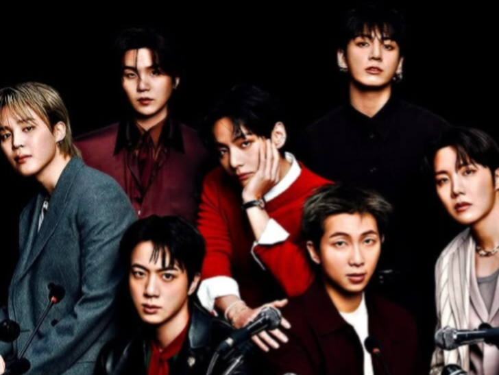 BTS is back. Integrantes posando de frente, y delante de ellos: micrófonos.