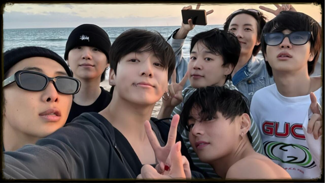 Los 7 integrantes de BTS en una playa de California, EE.UU.