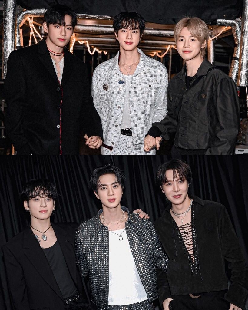Jin con V y Jimin de BTS en el concierto Run Jin