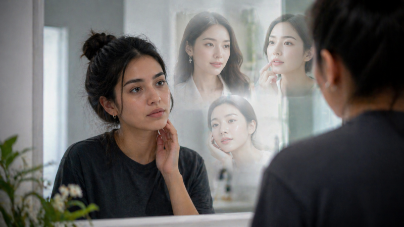 Mujer mirándose en el espejo con gesto pensativo. En el reflejo aparecen imágenes difusas que representan estándares de belleza idealizados, en un espacio limpio con iluminación suave. Imagen generada con IA