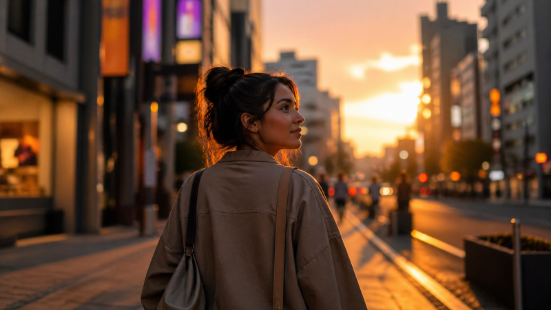 Mujer caminando sola por una calle urbana al atardecer, con luz cálida y dorada. El fondo muestra edificios y luces desenfocadas sin texto, creando una atmósfera de calma y reconexión personal. Imagen generada con IA