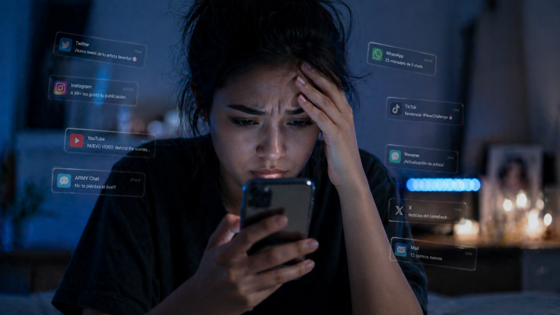 Mujer observando su celular con expresión de estrés, rodeada de múltiples notificaciones digitales flotantes. El ambiente es nocturno con luz fría, transmitiendo sensación de saturación y sobrecarga tecnológica. Imagen generada con IA