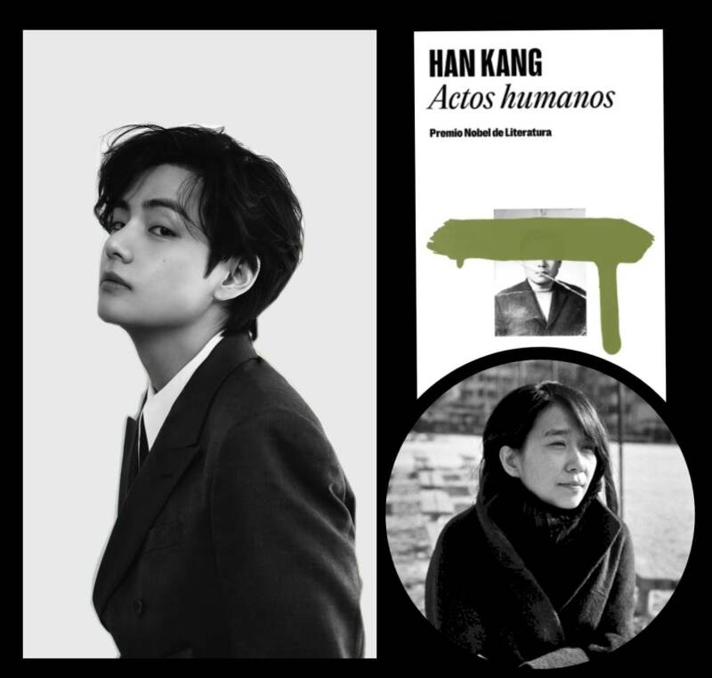 Kim Taehyung de BTS, junto a la portada del libro ACTOS HUMANOS de Han Kang