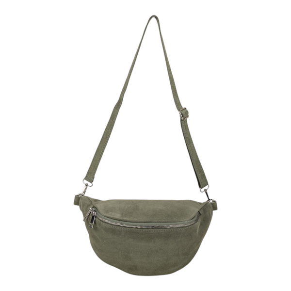 Bauchtasche Wildleder Salbeigrün goldfarbener Reißverschluss