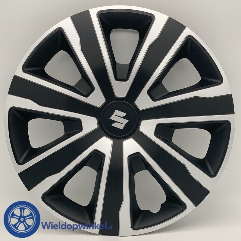 SUZ5506L15 - Wieldoppen 15 inch Suzuki wieldoppen Zwart/Zilver (Merklogo set)