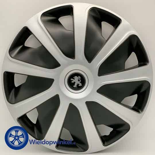 PEU496116  - Zwarte Wieldoppen 16 inch Peugeot wieldoppen Zwart (Merklogo set)