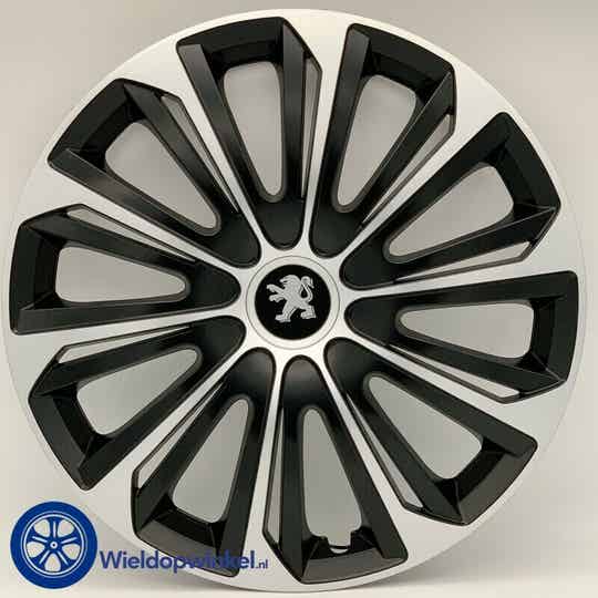 PEU497L16 - Zwarte Wieldoppen 16 inch Peugeot wieldoppen Zwart (Merklogo set)