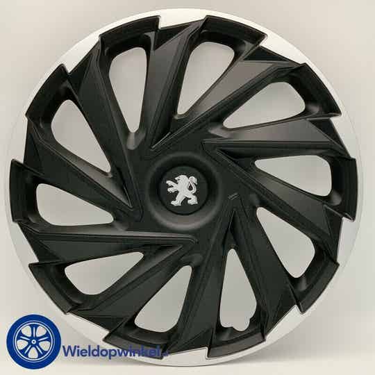 PEU493L16  -Zwarte Wieldoppen 16 inch Peugeot wieldoppen Zwart (Merklogo set)