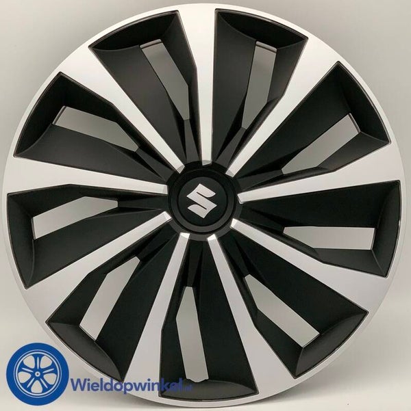 SUZ575L15 - Wieldoppen 15 inch Suzuki wieldoppen Zwart/Zilver (Merklogo set)