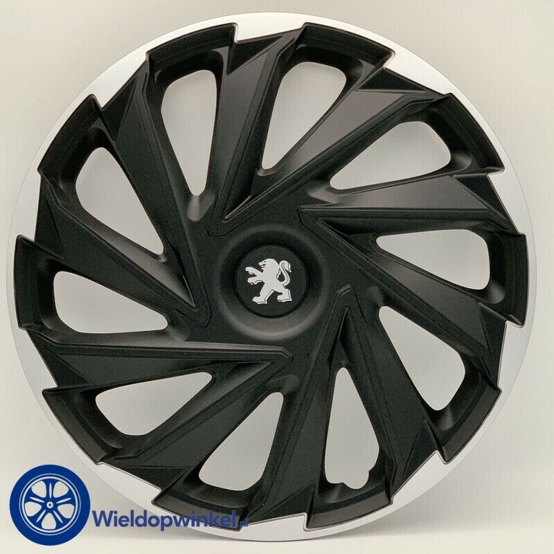 PEU493L14  Zwarte Wieldoppen 14 inch Peugeot wieldoppen zwart (Merklogo set)