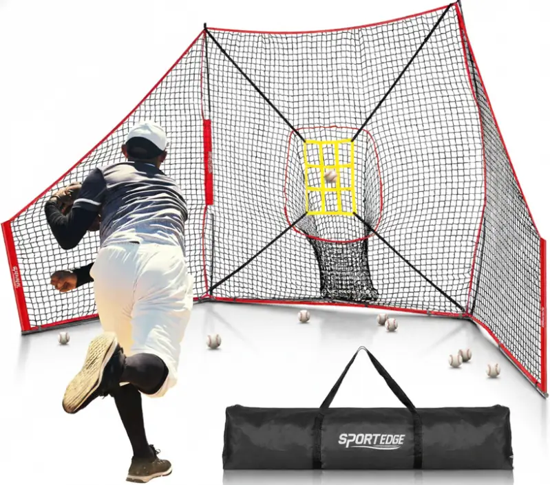 12x7 FT Baseball Net with attached barrier side nets and reinforced steel frame on a neutral background.