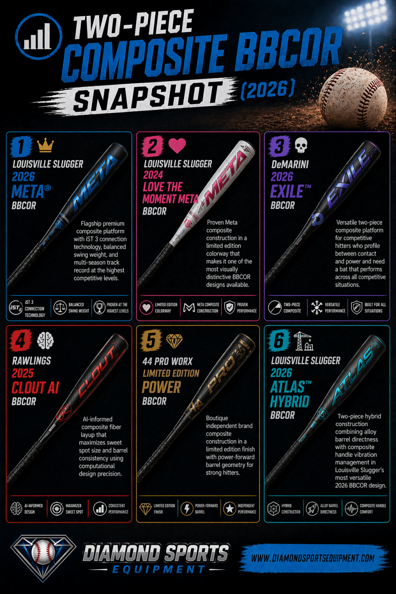 Two-piece composite BBCOR bats snapshot infographic showing six bats in a 2x3 grid with product names and Diamond Sports Equipment branding.