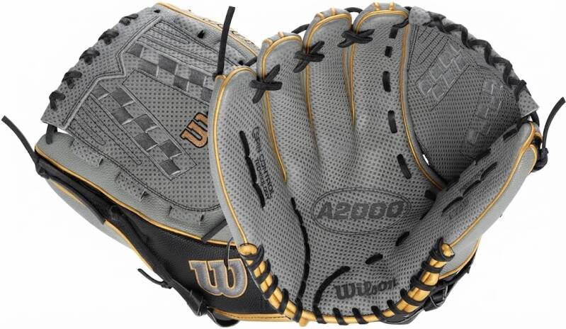 2022 Wilson A2000 SCV125SS 12.5" SuperSkin fastpitch outfield glove. Gray with gold trim, H-web pocket.