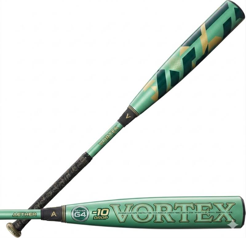 A green composite baseball bat with gold and black geometric patterns on the barrel and "VORTEX" branding on a white background.