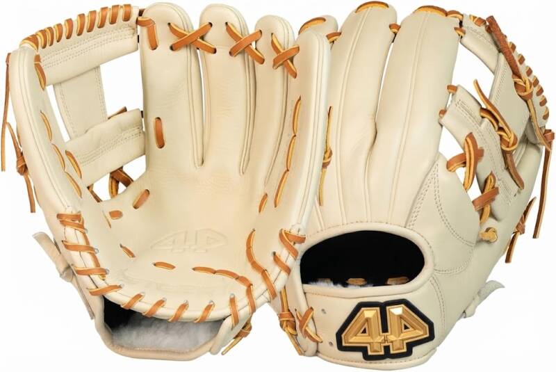 44 Pro Steer Baseball Glove, a full-grain leather infield glove in cream with tan lacing and a gold "44" wrist patch.