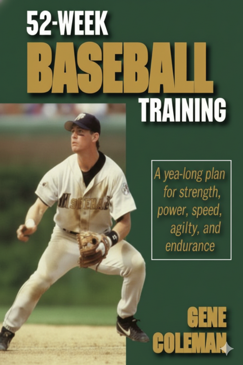 52-Week Baseball Training book cover featuring a complete annual periodized development program covering off-season strength building through in-season maintenance for dedicated competitive baseball players.