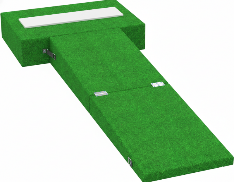 6' Foldable Pitching Mounds with Regulation Pitching Rubber displayed in its deployed position showing the full-stride hinged platform.