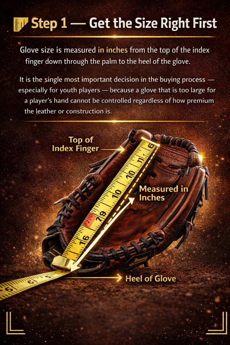 Step 1 glove sizing guide showing how to measure baseball glove size from index finger to heel with measuring tape for proper fit