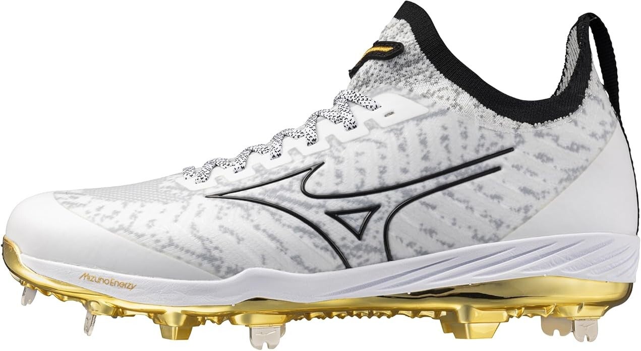 A white and grey patterned Mizuno baseball cleat with a gold metallic sole plate on a white background.