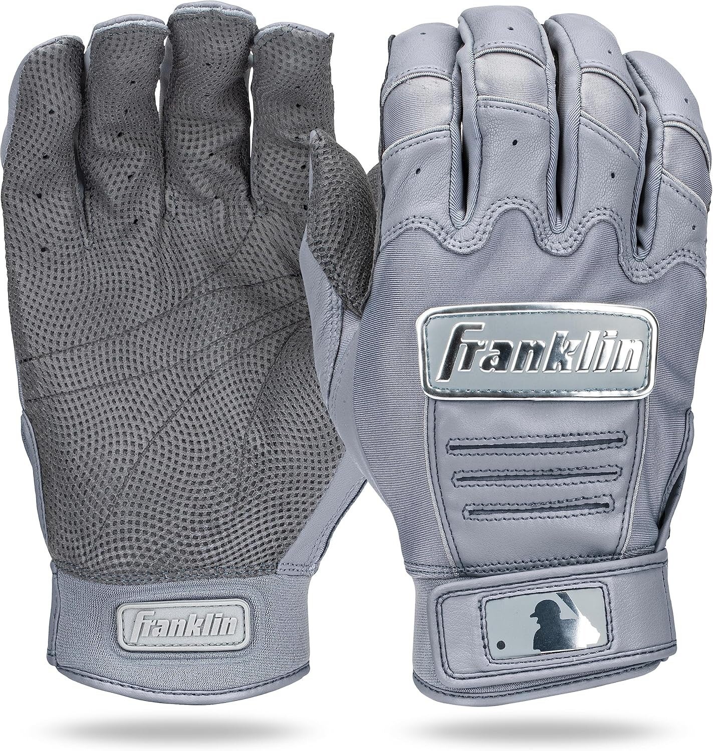 Franklin Sports CFX Pro batting gloves in grey with digital cabretta leather palm and Franklin logo on wrist strap.