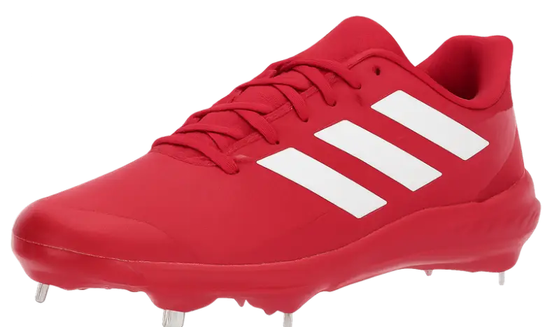 The Adidas Men's Adizero Afterburner 8 Cleats shown in their lightweight low-cut Adizero construction for speed-first outfielders and baserunning-focused players.