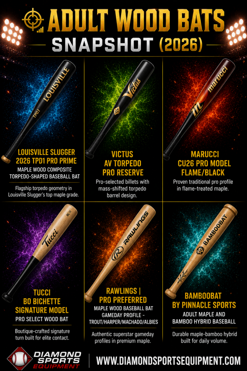 Adult wood bat comparison featuring Louisville Slugger, Victus, Marucci, Tucci, Rawlings, and BamBooBat premium wood baseball bats.