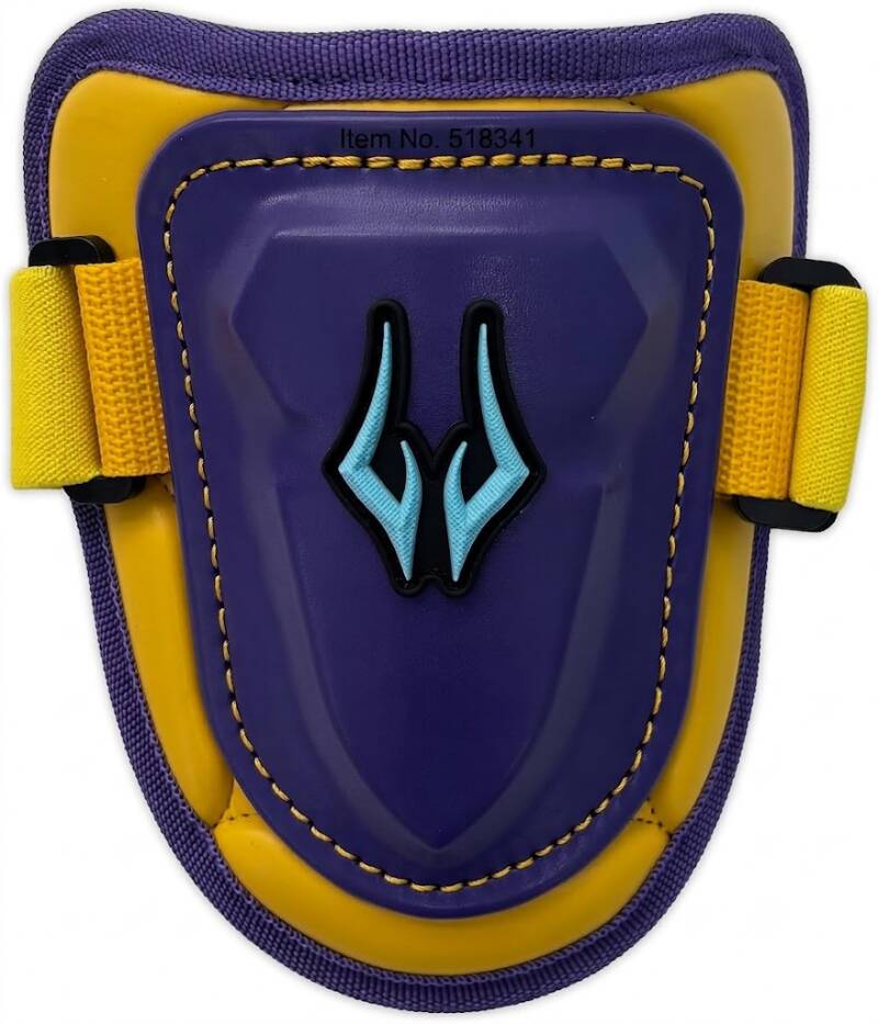 AEGIS batter's elbow guard in purple and gold with light blue wing logo and adjustable yellow straps.