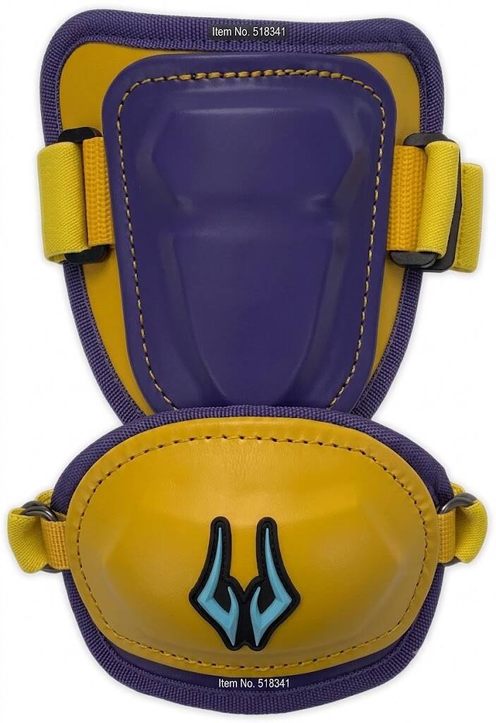 AEGIS batter's baseball elbow guard set in purple and gold with adjustable straps, showing elbow pad and guard.