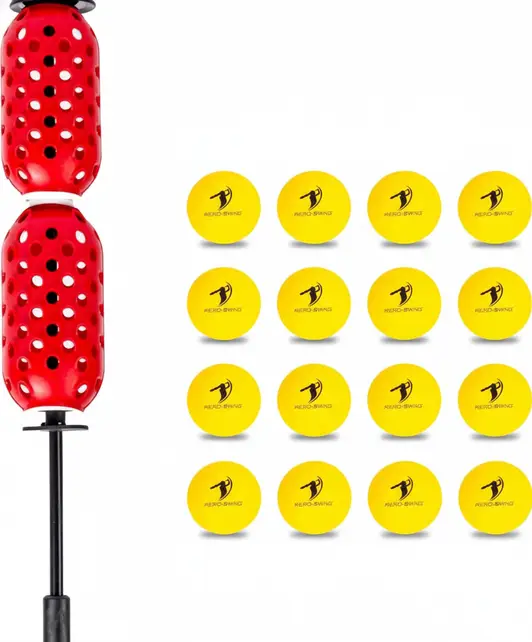 Swing trainer with a red perforated dual-chamber bat attachment and sixteen yellow practice balls on a white background.