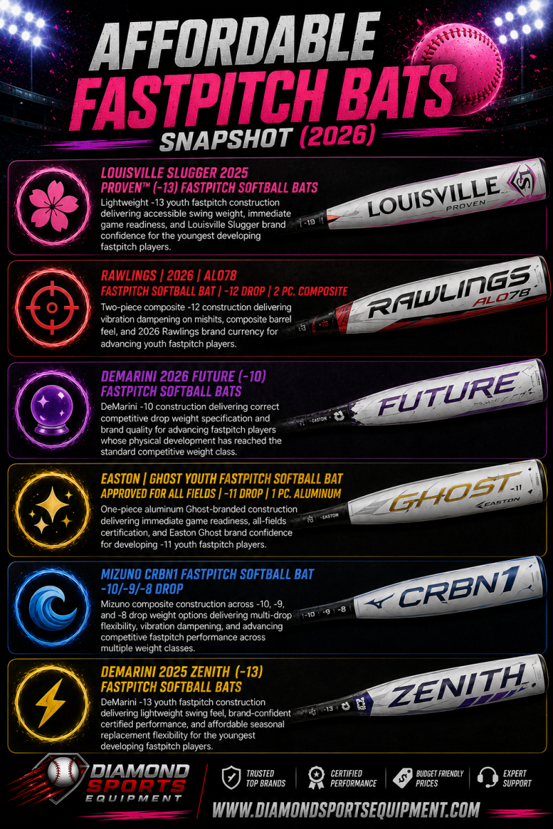 Louisville Slugger Proven, Rawlings ALO78, DeMarini Future, Easton Ghost Youth, Mizuno CRBN1, and DeMarini Zenith featured in the Affordable Fastpitch Bats Snapshot (2026) infographic.