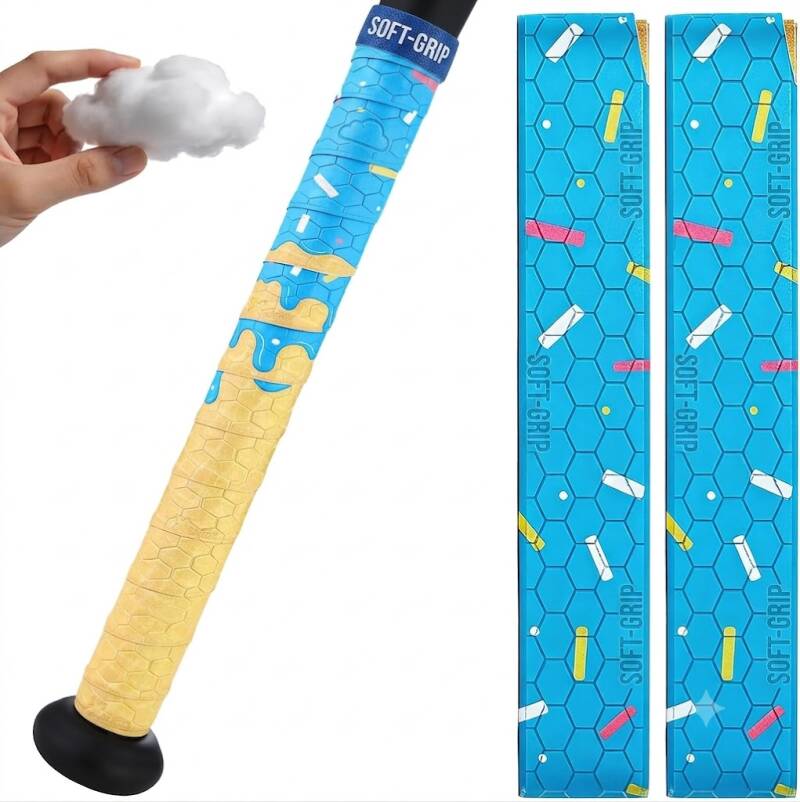 AKAIXI Ice Cream Drip baseball bat grip tape in blue honeycomb and gold drip design with sprinkle-patterned strips.
