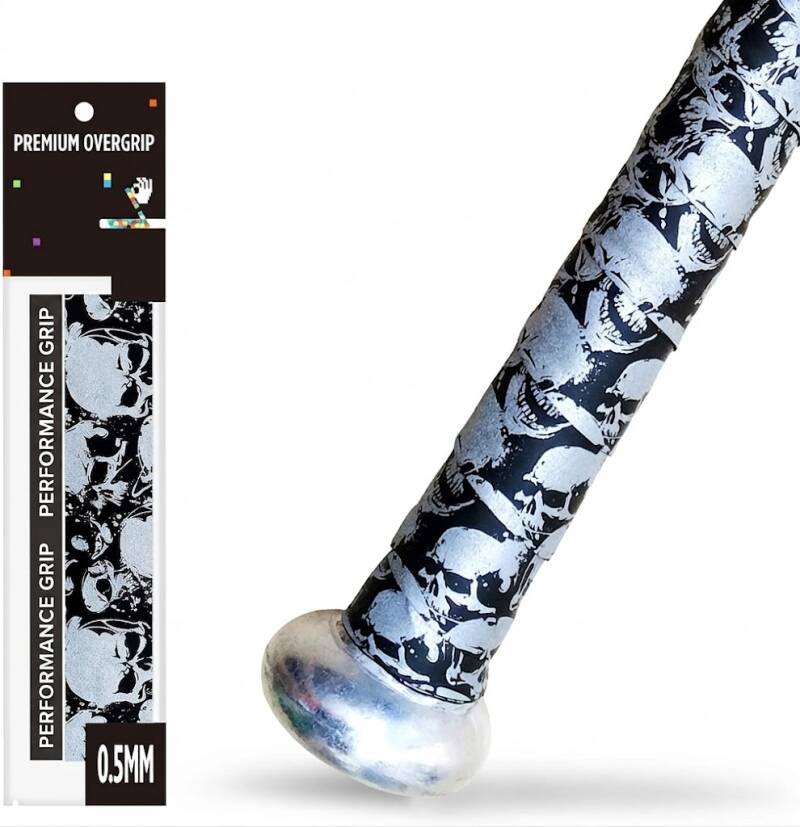 ALIEN PROS 0.5mm bat grip tape in black with white skull pattern and matching retail packaging shown.