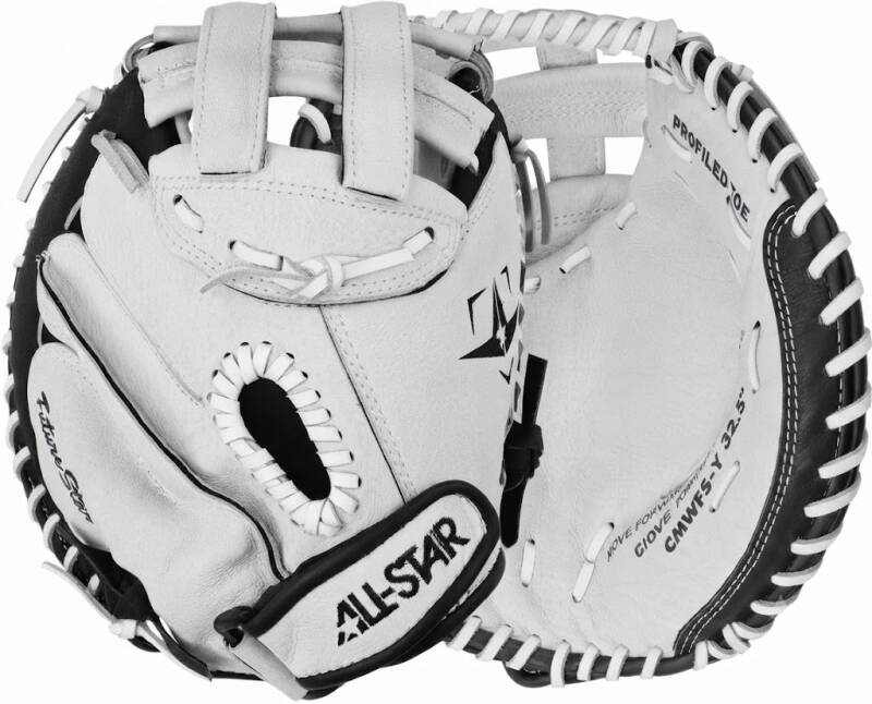 All-Star Future Star CMW-FS-Y youth fastpitch softball catcher's mitt in white and black leather with profiled toe design.