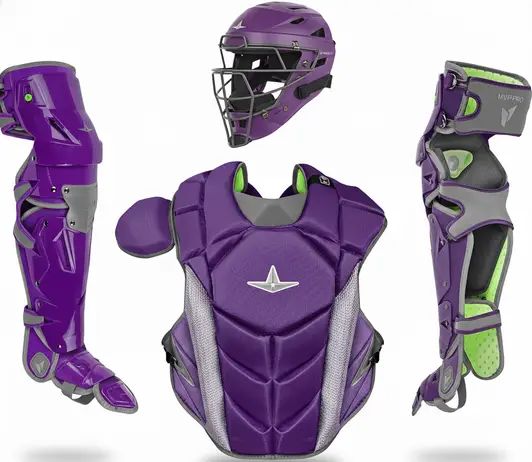 All Star MVP-PRO Series Baseball Catcher's Kit displayed showing its matched competitive youth construction across all three kit components for younger competitive catchers.
