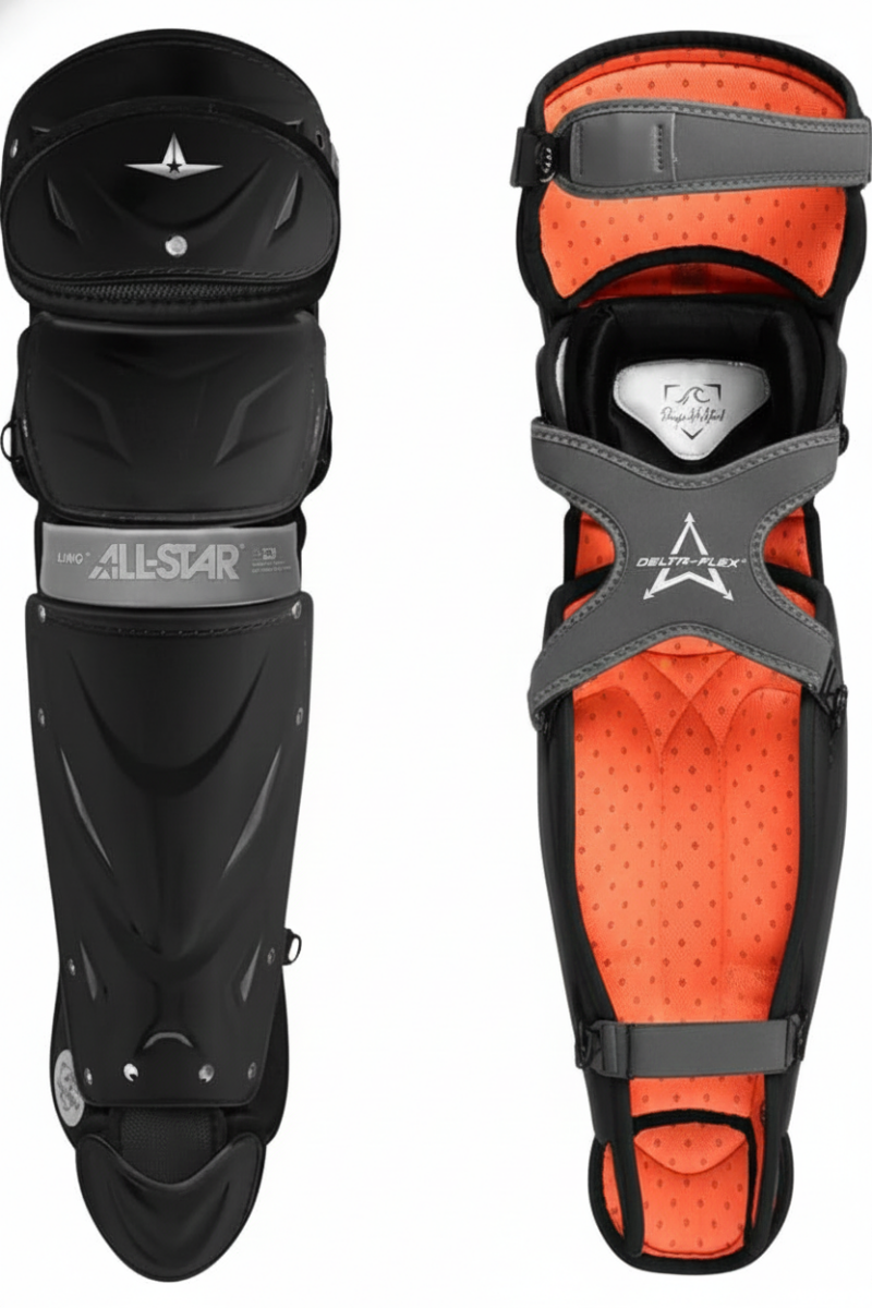 All Star PHX Paige Halstead Fastpitch Softball Catcher's Leg Guards displayed showing their signature series women's specific construction and elite catching expertise-informed design.
