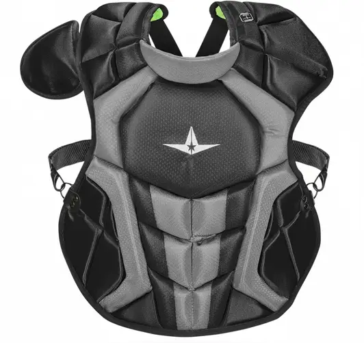 All Star S7 Axis Baseball Catcher's Chest Protector displayed showing its segmented panel construction and mobility-focused Axis design for competitive catchers.