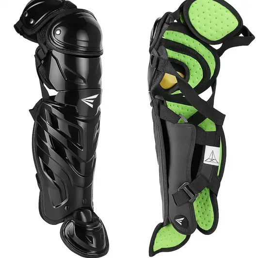 All-Star S7 Axis baseball catcher's leg guards with segmented panel design and articulated knee cap on a neutral background.