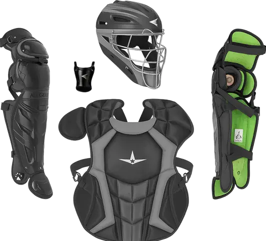 All-Star S7 Axis adult baseball catching equipment kit with coordinated helmet, chest protector, and leg guards on a neutral background.