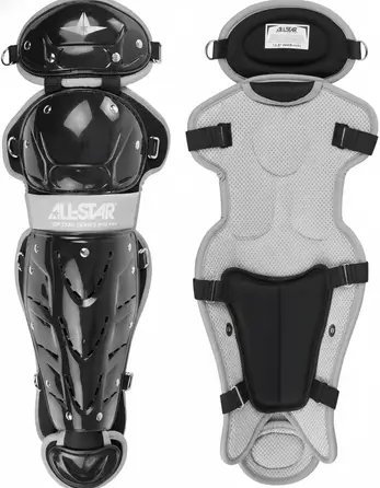 All Star Top Star 15 Inch Intermediate Baseball Leg Guards displayed showing their intermediate-specific 15" construction for competitive catchers aged 12-16.