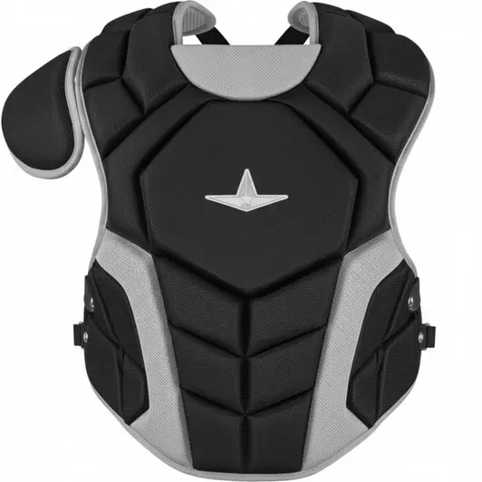 All Star Top Star Intermediate NOCSAE Baseball Chest Protector displayed showing its NOCSAE certified construction and intermediate-specific sizing for competitive youth catchers.