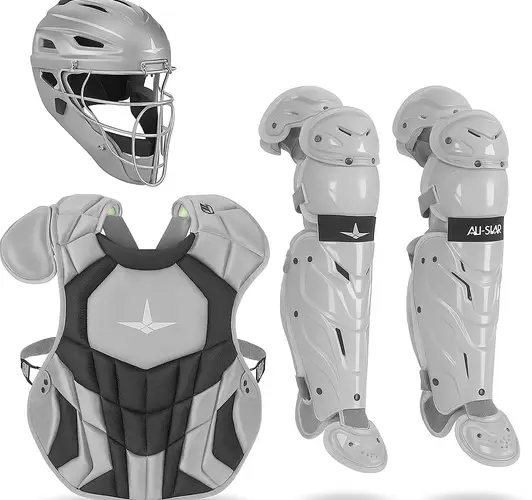 All Star Top Star Series Baseball Catching Equipment Kit displayed showing its intermediate-specific matched construction for competitive youth catchers aged 12-16.