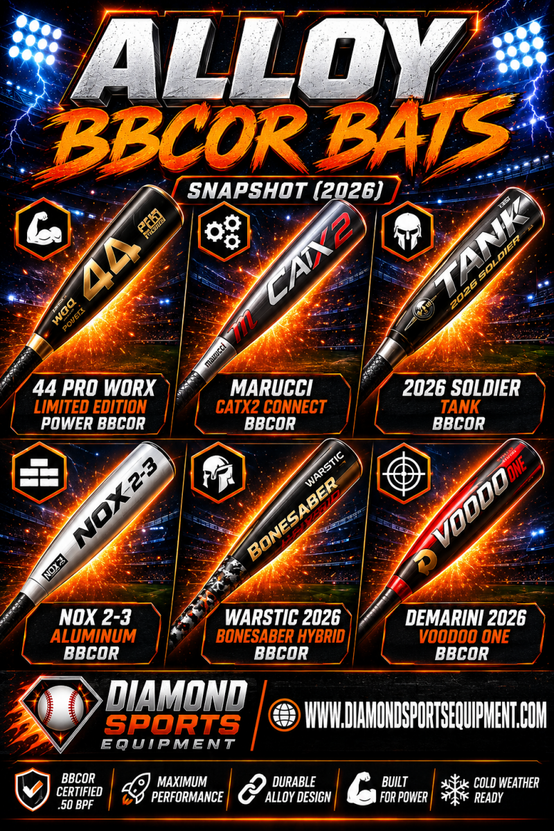 Alloy BBCOR bat snapshot featuring 44 Pro Worx Power BBCOR, Marucci CATX2 Connect, Soldier Tank BBCOR, NOX 2-3 BBCOR, Warstic Bonesaber Hybrid BBCOR, and DeMarini Voodoo One BBCOR baseball bats.