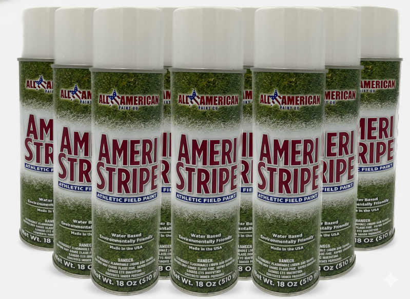 Ameri-Stripe White Athletic Field Marking Spray Paint displayed showing its spray can construction and white athletic field marking formulation.