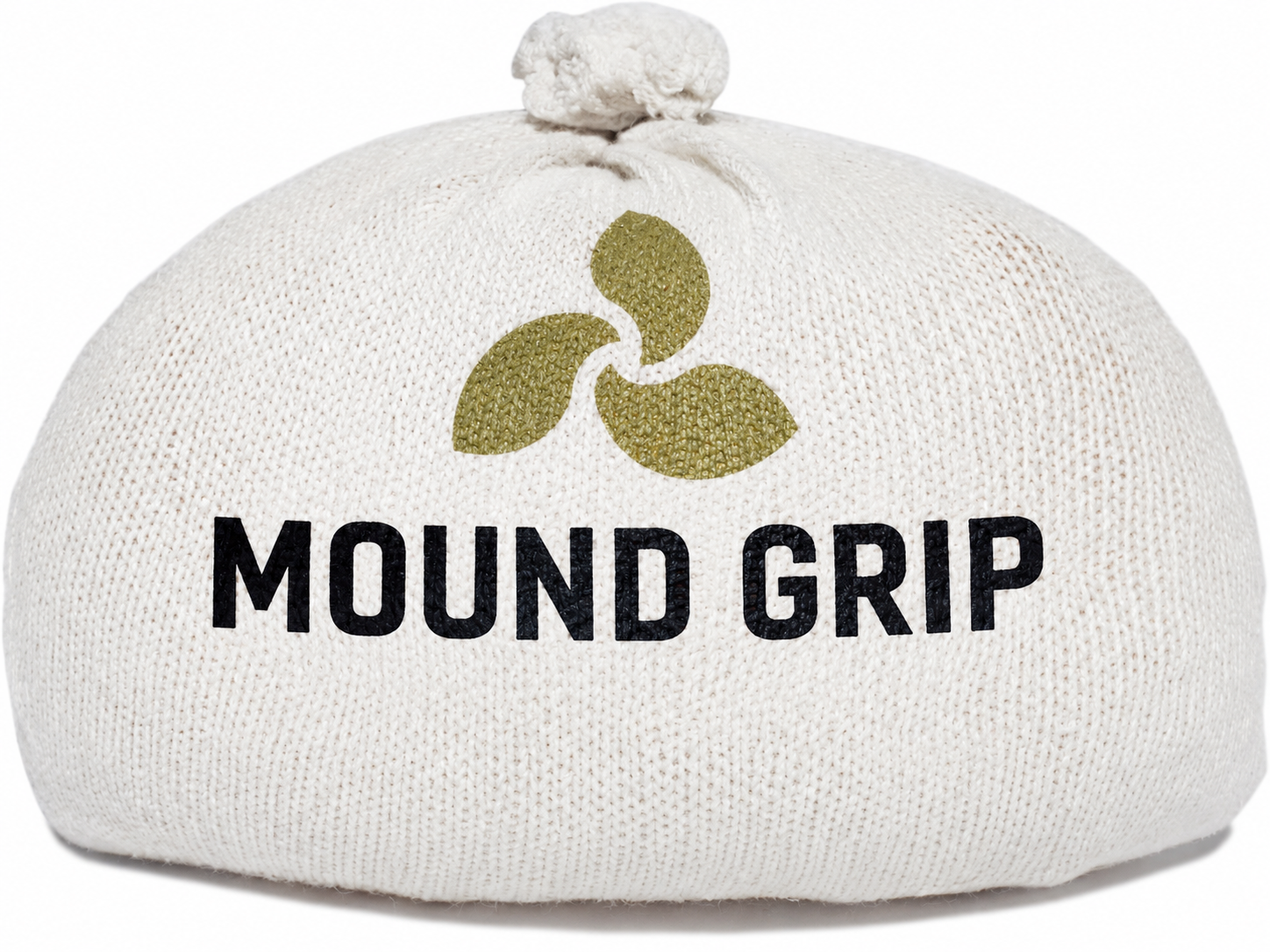 Rosin ball by Annex, rounded cream knit sack with a knotted top.