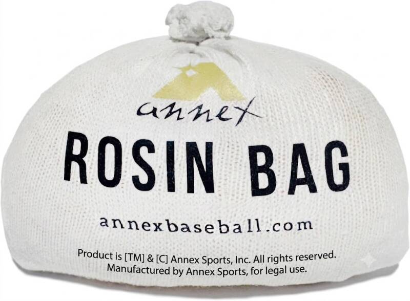 Annex Rock rosin ball for baseball pitchers, round white knit bag with tied top for controlled rosin application.