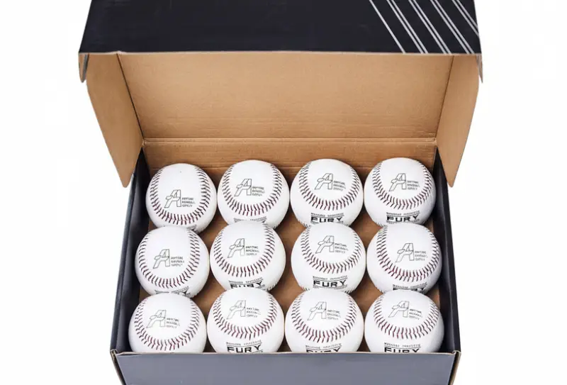 Anytime Baseball Fury Leather Pitching Machine Baseballs displayed showing their quality leather construction and pitching machine-specific design.