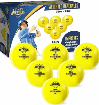 Anywhere Sports Weighted 16 oz Training Baseballs in standard game ball diameter for pitcher and position player overload arm strength training.