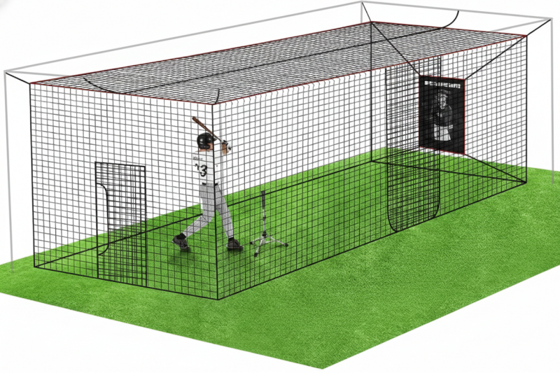 Batting cage net with realistic catcher target for baseball and softball practice.