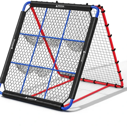 Apex Power baseball rebounder net with twelve adjustable angles and nine pocket nets for multi-skill pitching command and fielding reaction training in one frame.