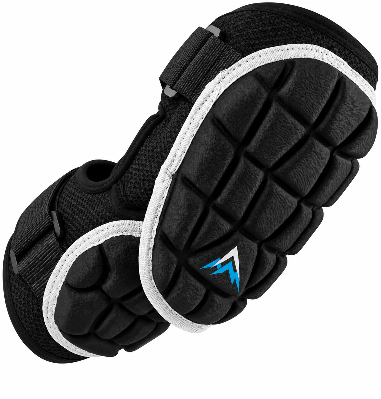 Baseball elbow guard by ArbuKra, in black with white trim and padding.